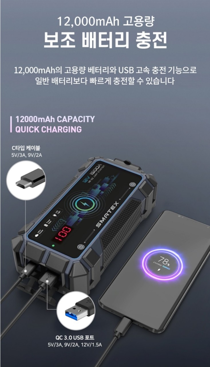 스마텍 차량용 멀티 점프스타터 12000mAh 보조배터리 랜턴겸용 새제품 | 데얼스 아웃도어 전문 플랫폼