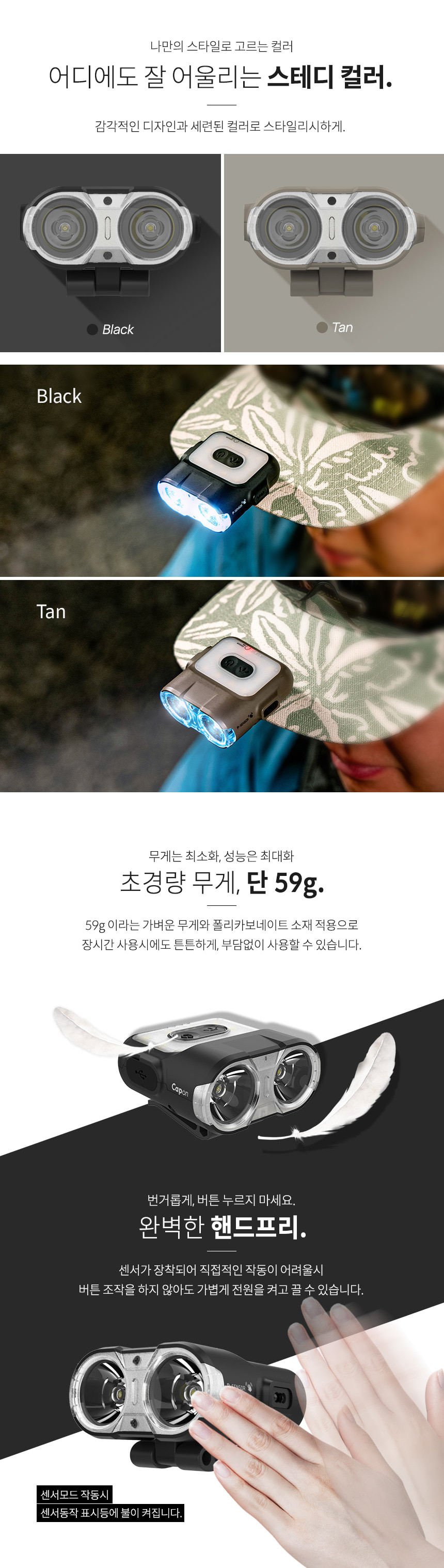 크레모아 캡온 120H 캡라이트 충전식 LED 헤드렌턴 등산 백패킹 낚시 작업등