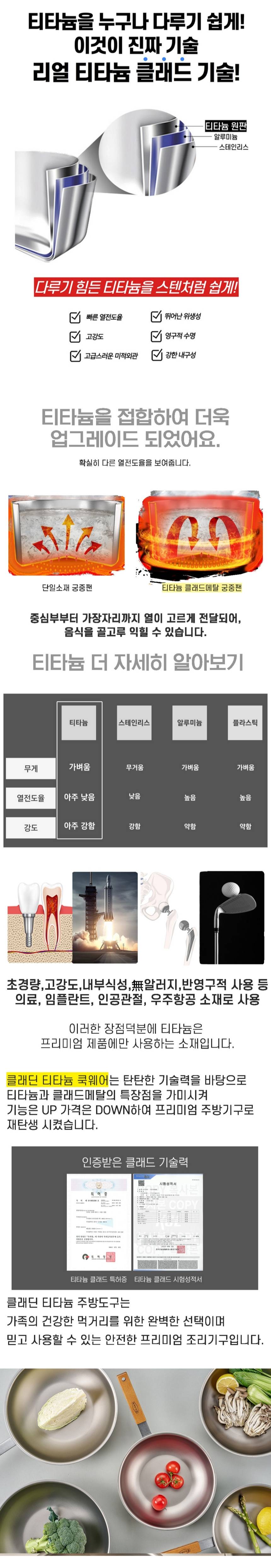 클래딘 리얼 티타늄 궁중팬 티타늄 원판 이연복 웍 22/24/26/28/30cm