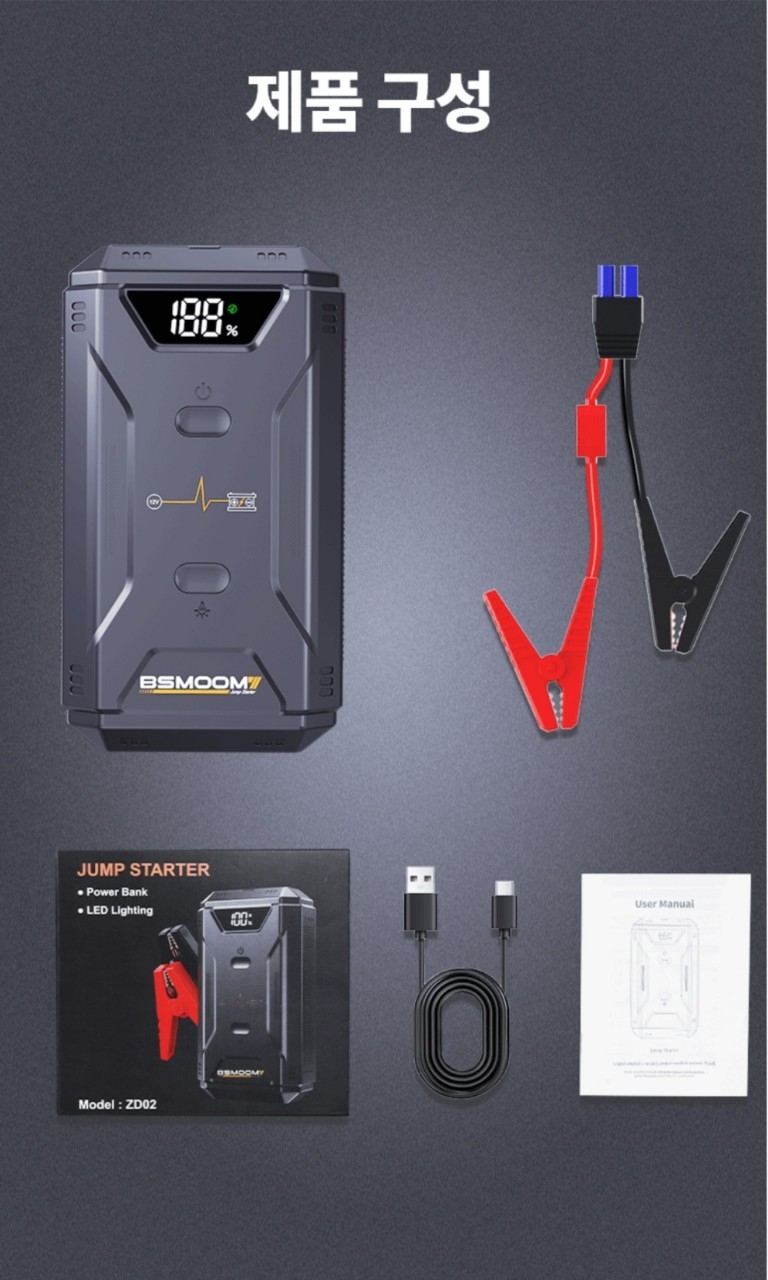 BSMOOM 2500A 12V 차량용 긴급시동 대용량 보조배터리 점프스타터₩64000원차량용 점프스타터 스마트 안전점프선새제품 미사용제품입니다 스마트 센서 역전류 방지초보자를 위한 안전클립으로 과 | 데얼스 아웃도어 전문 플랫폼