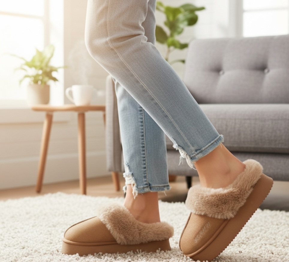부드러운 퍼 안감으로 따뜻하고 편안한 슬리퍼예요. 3.5cm 통굽으로 적당한 굽 높이로 착용감이 좋습니다. 겨울철 실내외 모두 신기 좋은 아이템이에요! | 데얼스 아웃도어 전문 플랫폼