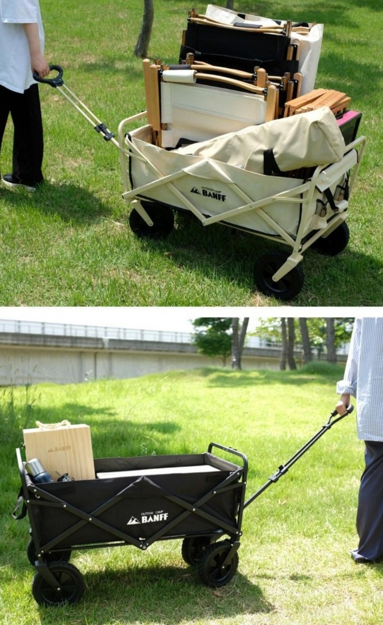 캠핑웨건 캠핑카트 뒷문확장형 블랙 아이보리 색상캠핑 웨건 뒷문 확장형 블랙 색상입니다. 짐 많이 실을 수 있어서 캠핑, 나들이, 낚시 등 야외활동에 유용합니다 | 데얼스 아웃도어 전문 플랫폼